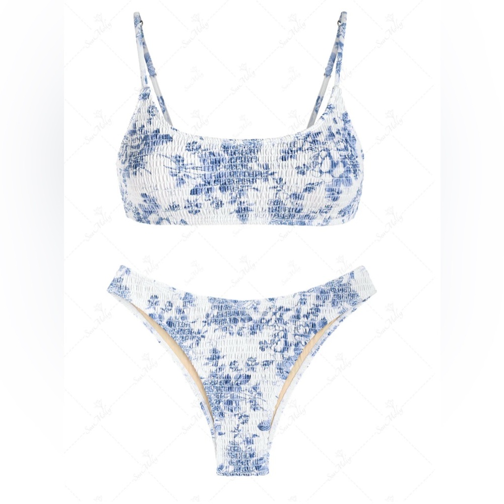 ✨SEAMOLLY VINTAGE BLUE FLORAL SHIRRED SMOCKED TANK CHEEKY BIKINI Size Medium